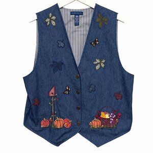 Karen Scott Women's Autumn Fall Vest Denim Harvest Pumpkins Flowers Size Large